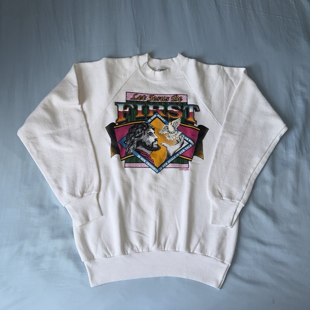 Vintage 1992 Let Jesus Be First Crewneck Sweatshirt USA Oneita White Large